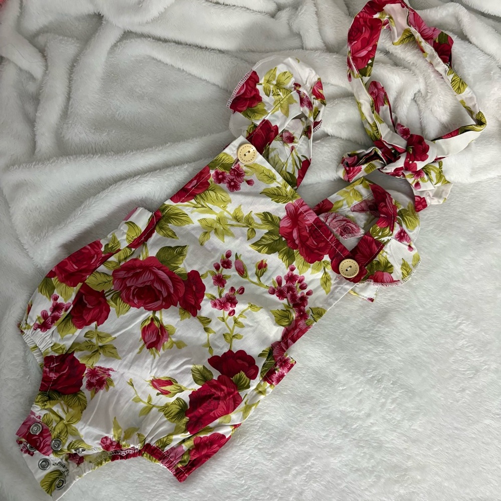 Floral Baby Romper with Red and Green Accents